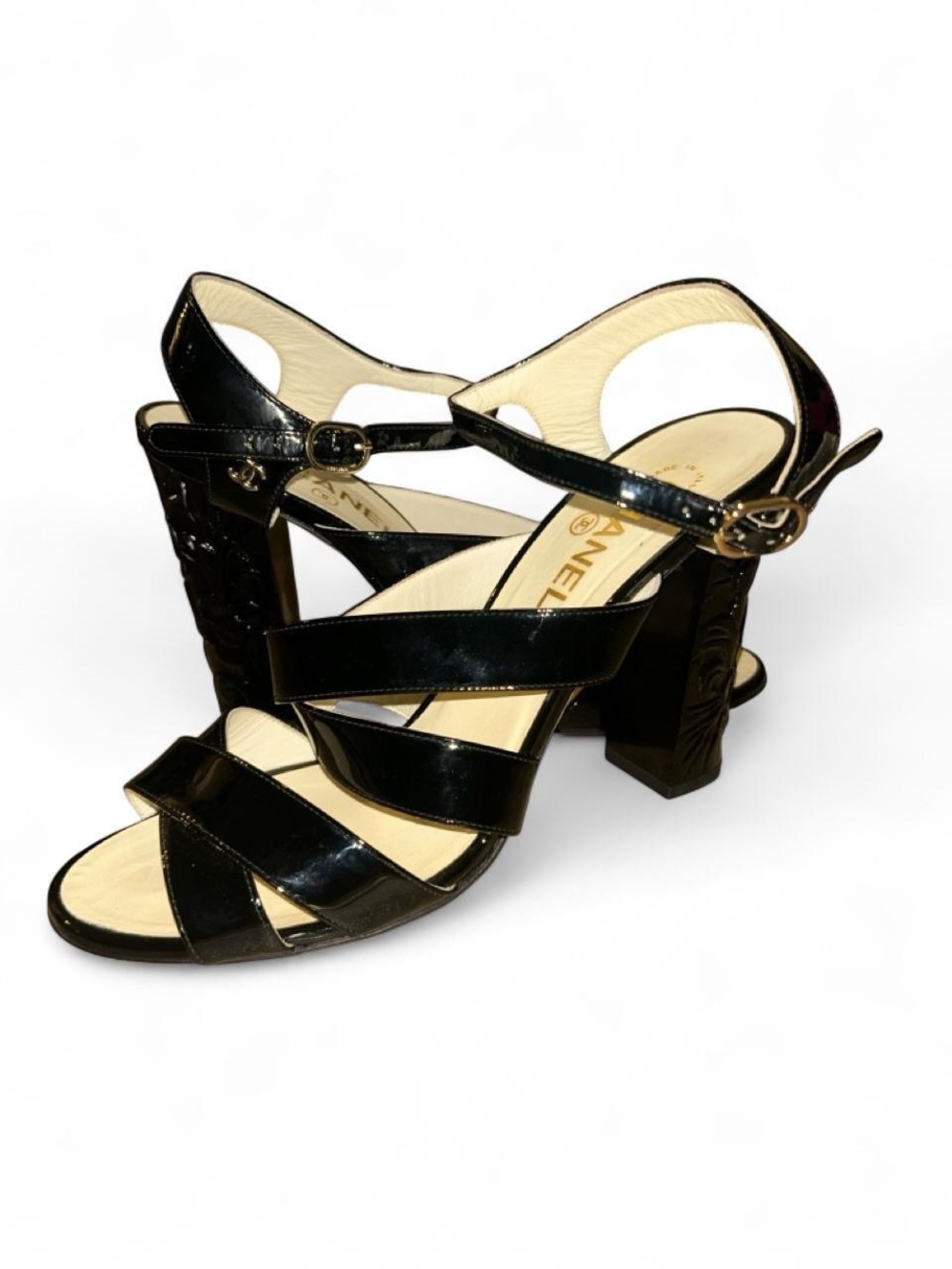 Chanel Black Patent Leather Strappy Block Heel Sandals size 41.5